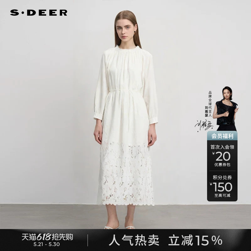 sdeer圣迪奥春秋装女装复古圆领碎褶收腰绣花连衣裙S243Z1