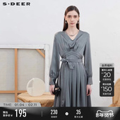 sdeer圣迪奥春装 女装 静奢风V领垂坠压褶肌理连衣裙S24161206