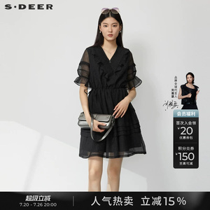 sdeer圣迪奥夏季女装V领风琴褶荷叶边收腰泡泡袖连衣裙S23281215