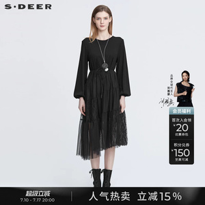 sdeer圣迪奥春装女装圆领收腰网纱蕾丝灯笼袖黑色连衣裙S22181207
