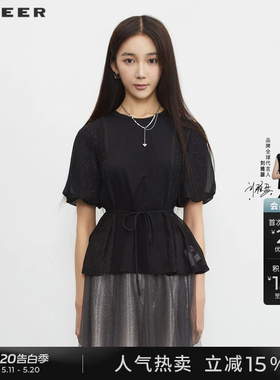 sdeer圣迪奥女装夏季短袖圆领压褶雪纺黑色泡泡袖T恤S23280102