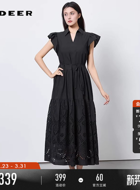 sdeer圣迪奥夏季女装收腰绣花短袖黑色连衣裙S252Z1298