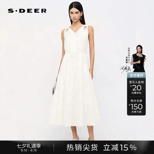 sdeer优雅V领收腰肌理无袖连衣裙