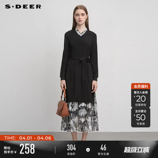 sdeer圣迪奥冬季 木耳边圆领收腰印花连衣裙S244Z1285 女装