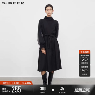 sdeer圣迪奥春秋装 高领收腰网纱拼接花边连衣裙S233D1215 女装