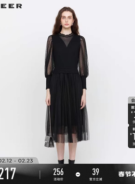 sdeer圣迪奥女装春装波点网纱灯笼袖连衣裙S221Z1204