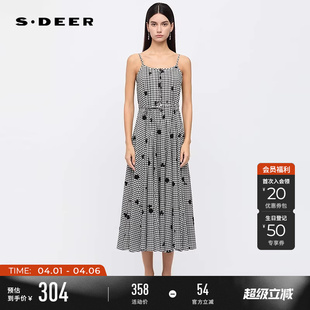 sdeer圣迪奥女装 清新棋盘格绣花吊带连衣裙S252Z1246 黑白格纹