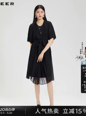 sdeer圣迪奥夏季圆领绣花收腰雪纺中袖黑色法式连衣裙女S23261215