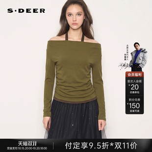 sdeer圣迪奥女装2026秋季新款复古荡领假两件拼接长袖T恤