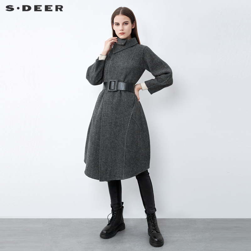 s.deer外套女立领毛呢大衣