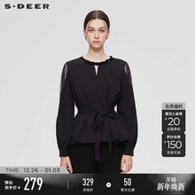 sdeer圣迪奥女装25年新品复古圆领网纱拼接收腰衬衫S253Z0517