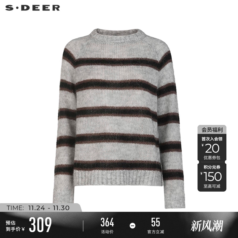 sdeer圆领撞色条纹宽松针织衫