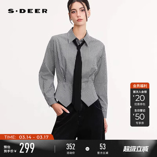 sdeer圣迪奥女装26年新品学院风翻领系带格纹不规则衬衫S261Z0504