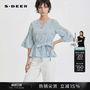 sdeer圣迪奥女装夏季文艺V领绣花格子收腰喇叭袖衬衫S252Z0422