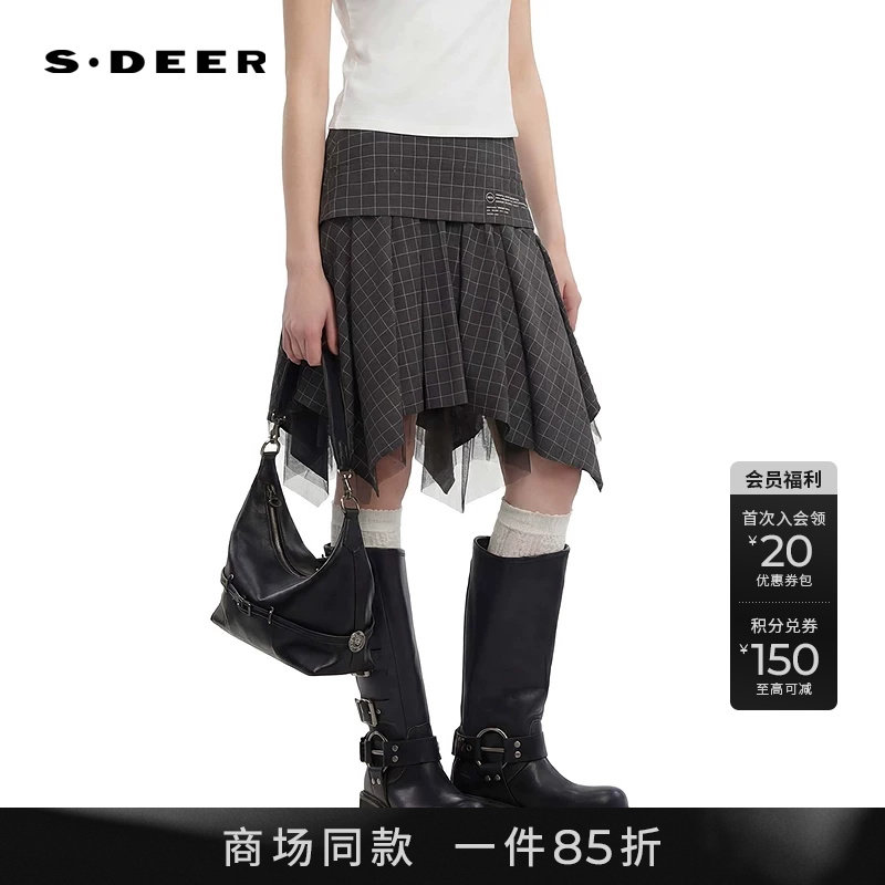 【商场同款】sdeer圣迪奥女高腰字母格子网纱不规则短裙S26281304