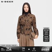 sdeer圣迪奥女装 S253Z0503 衬衫 春秋装 复古翻领绣花不规则长袖