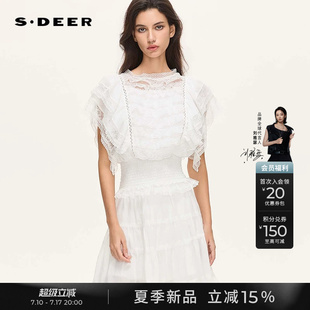 sdeer圣迪奥女装26年夏季新品圆领花边松紧网纱拼接短袖上衣