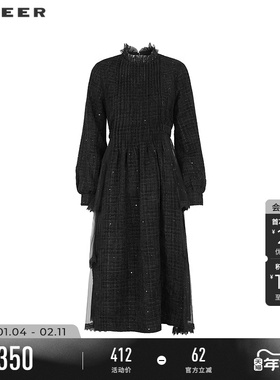 sdeer圣迪奥冬季女装木耳边圆领风琴褶网纱格纹连衣裙S234Z12F4