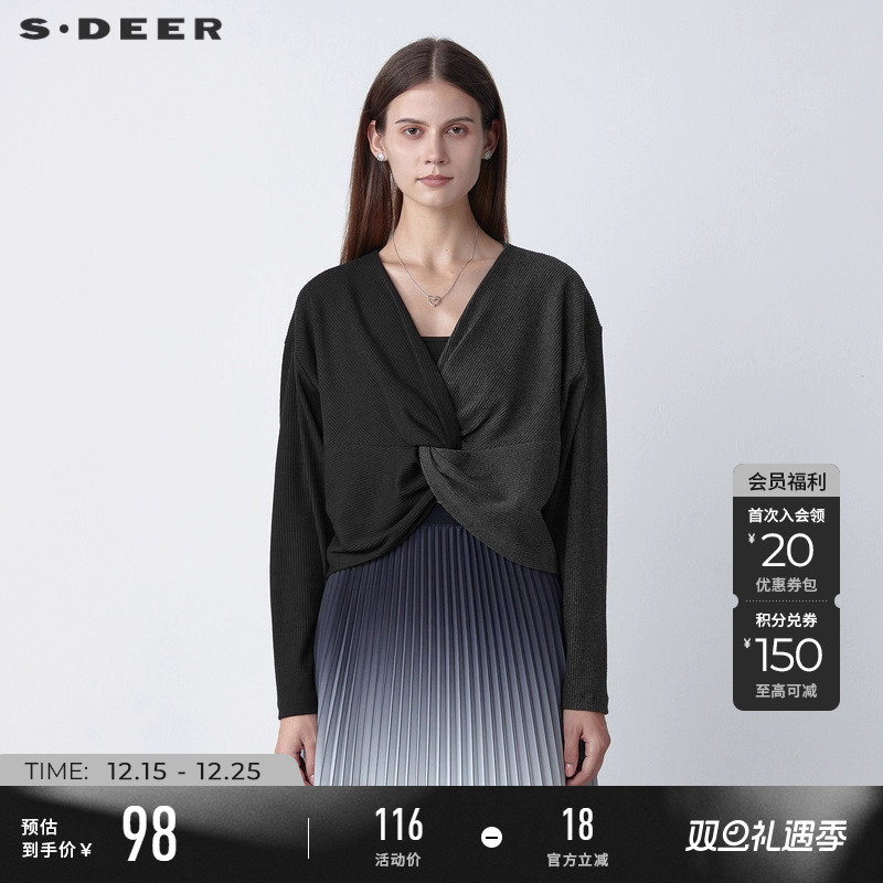 s.deer休闲交叉撞色长袖T恤