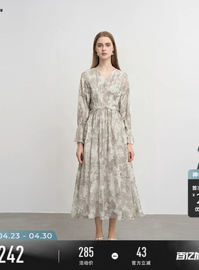 sdeer圣迪奥春秋装女装复古V领压褶收腰印花连衣裙S243Z1258