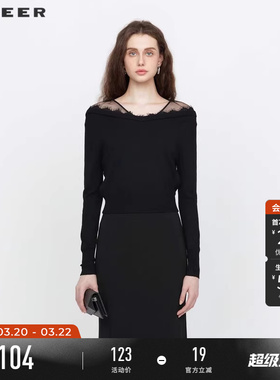 sdeer圣迪奥春装优雅V领蕾丝花边黑色针织衫女S22183514