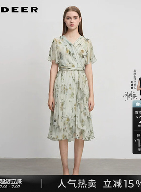 sdeer圣迪奥夏季女装圆领压褶碎花收腰泡泡袖连衣裙S242Z12M8