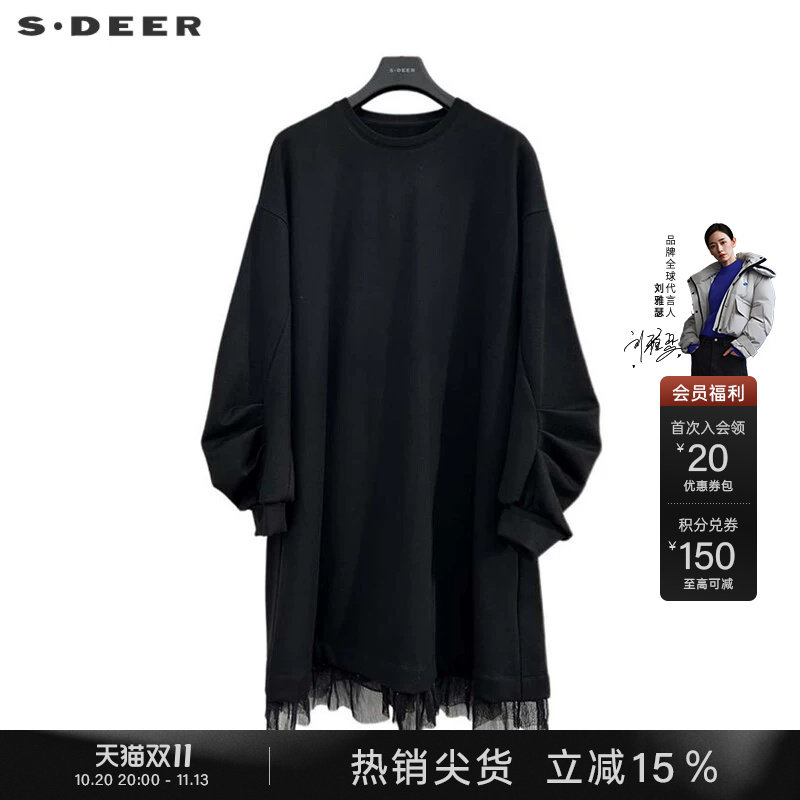 sdeer圣迪奥春秋装女装时尚圆领灯笼袖宽松网纱连衣裙S241Z1215