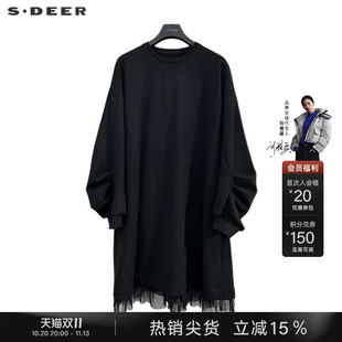 sdeer圣迪奥春秋装女装时尚圆领灯笼袖宽松网纱连衣裙S241Z1215