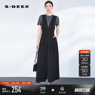复古风琴褶收腰背带阔腿休闲长裤 S242Z1001 女装 sdeer圣迪奥夏季
