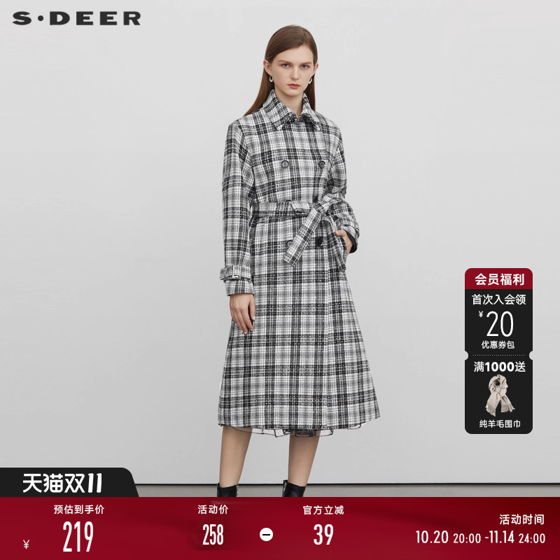 sdeer翻领收腰撞色格纹毛呢大衣