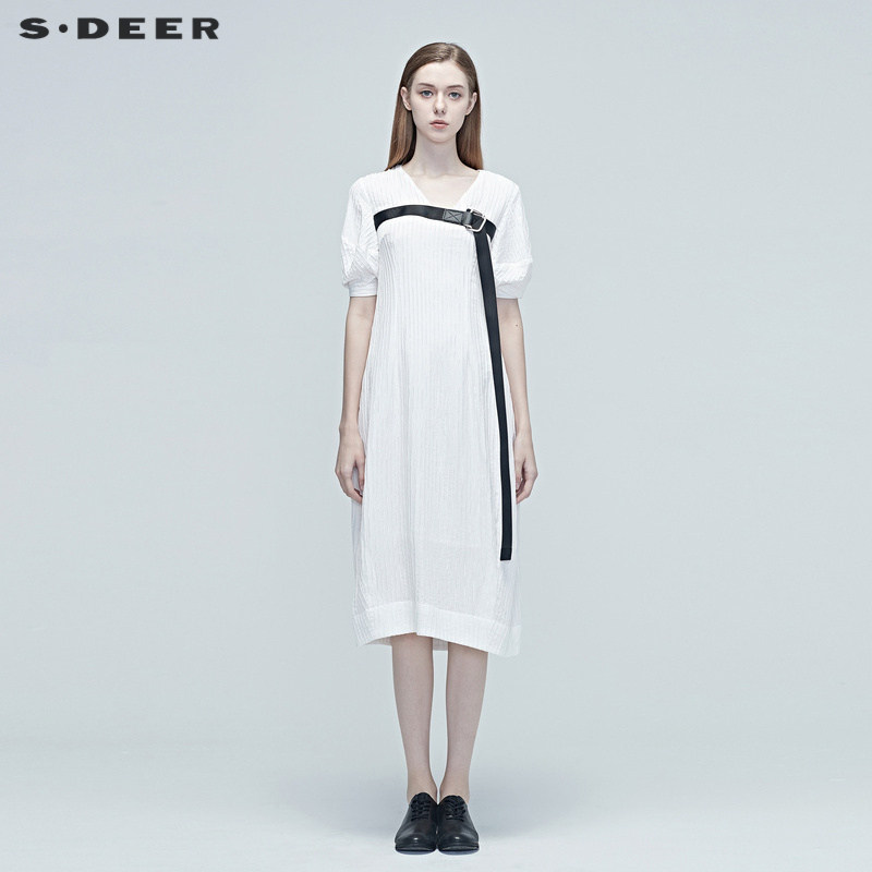 sdeer圣迪奥女装白色飘带条纹V领通勤连衣裙S20281274
