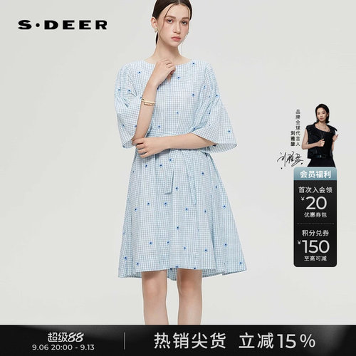 sdeer绣花收腰格纹喇叭袖连衣裙