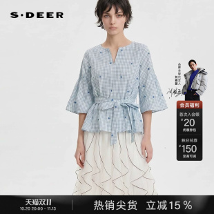 sdeer圣迪奥女装夏季文艺V领绣花格子收腰喇叭袖衬衫S252Z0422