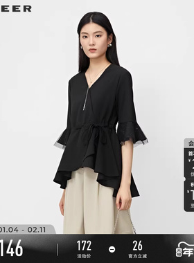 sdeer圣迪奥春季女装休闲V领收腰网纱喇叭袖衬衫S231Z0549