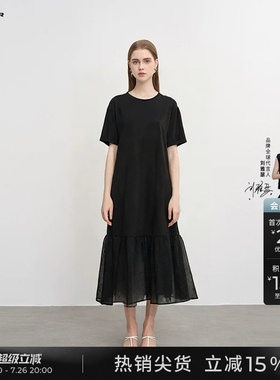 sdeer圣迪奥夏季女装时尚圆领网纱拼接短袖连衣裙S242Z12J8