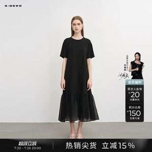 sdeer圣迪奥夏季女装时尚圆领网纱拼接短袖连衣裙S242Z12J8