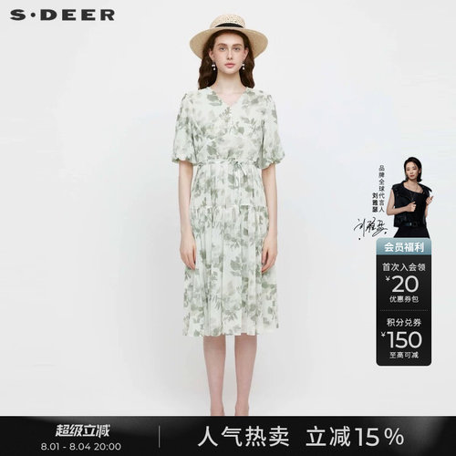 s.deerV领碎花收腰泡泡袖连衣裙