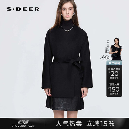 sdeerOL风V领收腰短款双面呢大衣
