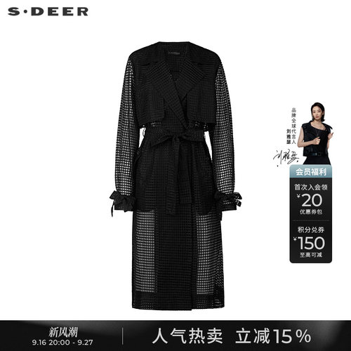 sdeer时尚翻领收腰格纹长款风衣