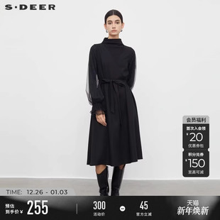 sdeer圣迪奥秋装 高领收腰网纱拼接花边连衣裙S233D1215 女装