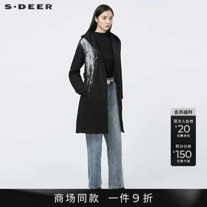 sdeer撞色印花收腰长款毛呢大衣
