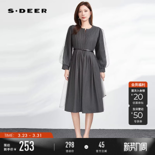 sdeer圣迪奥秋装 V领风琴褶收腰网纱连衣裙S233Z12AY 女装