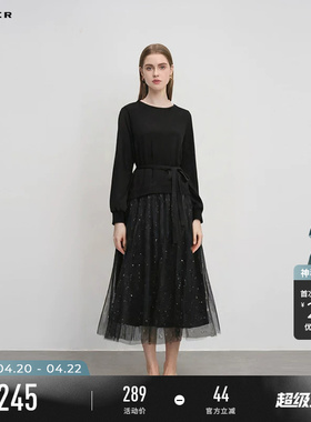 sdeer圣迪奥春装女装圆领收腰拼接网纱优雅连衣裙S241Z1205