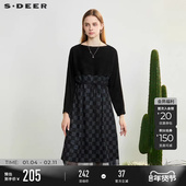 sdeer圣迪奥春装 女装 圆领褶皱格纹收腰网纱连衣裙S231Z1279