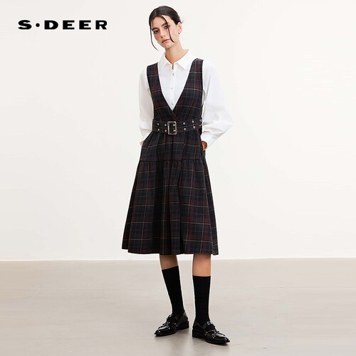 sdeerV领撞色收腰背带连衣裙
