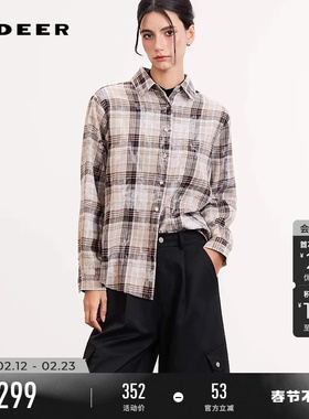 sdeer圣迪奥女装26年新品慵懒休闲翻领撞色格纹宽松衬衫S261Z0503