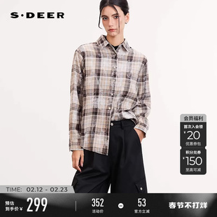 sdeer圣迪奥女装26年新品慵懒休闲翻领撞色格纹宽松衬衫S261Z0503