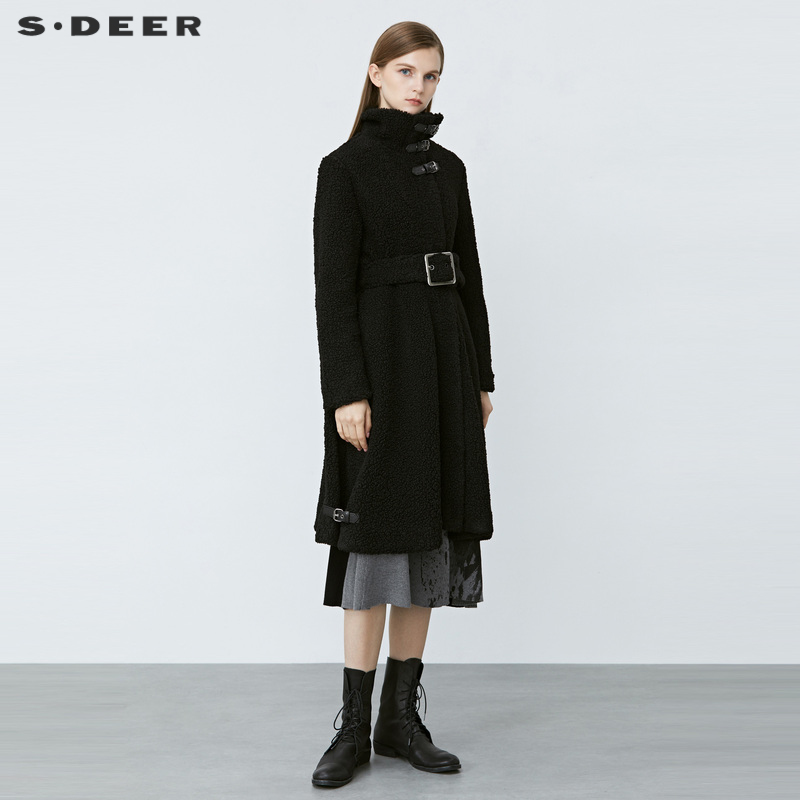 sdeer收腰仿羊羔绒黑色长款大衣