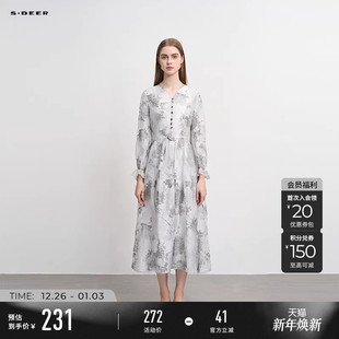 复古V领收腰印花连衣裙S243Z1239 法式 sdeer圣迪奥秋季 女装