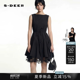 sdeer圣迪奥女装26年夏新品圆领收腰网纱抽褶无袖连衣裙S262Z1219